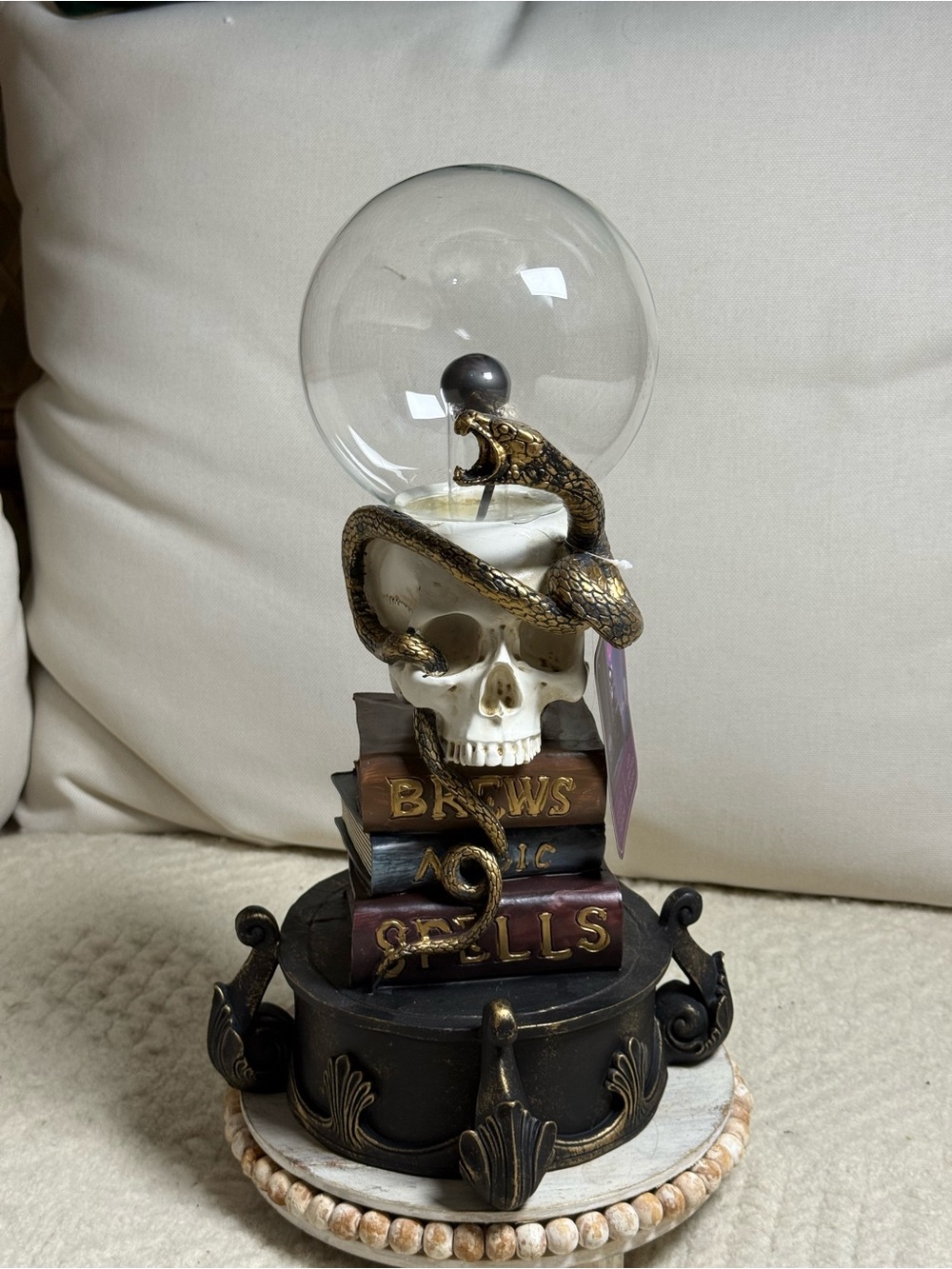 Skull & Snake Spell Books Crystal Ball Figurine - White, Gold, Black